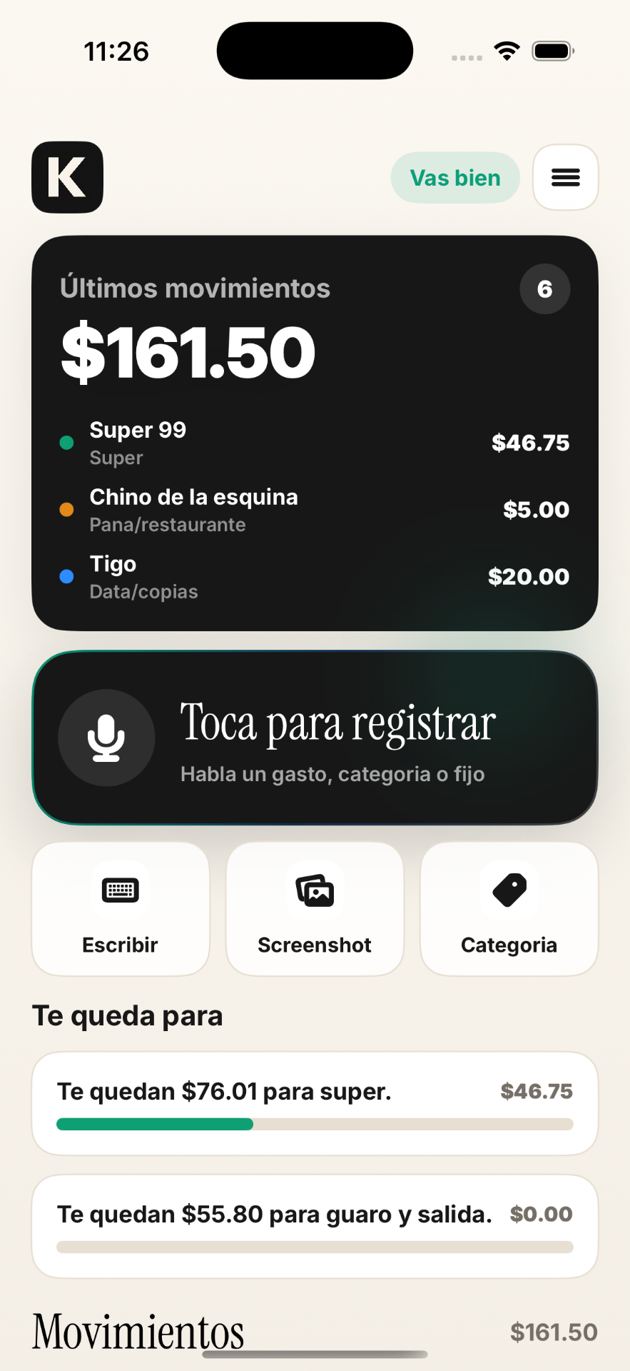 Kazu home con últimos movimientos y registro por voz
