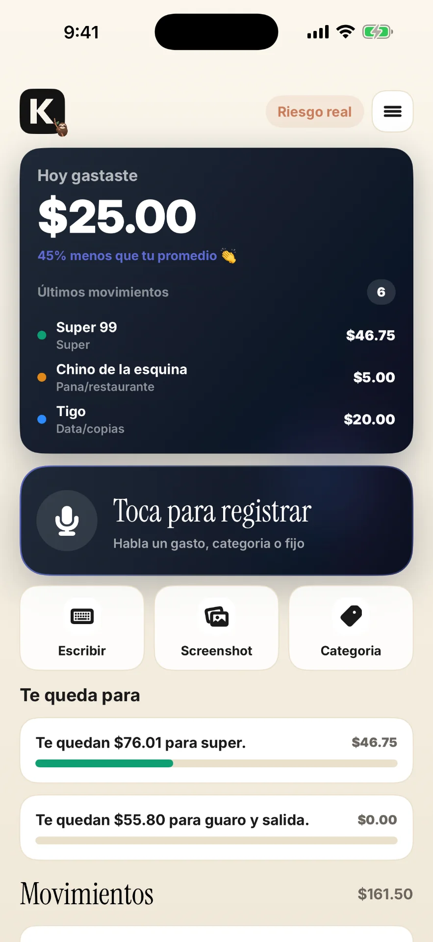 Kazu home con últimos movimientos y registro por voz