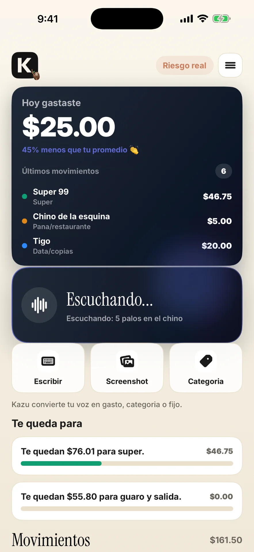 Kazu registrando un gasto por voz