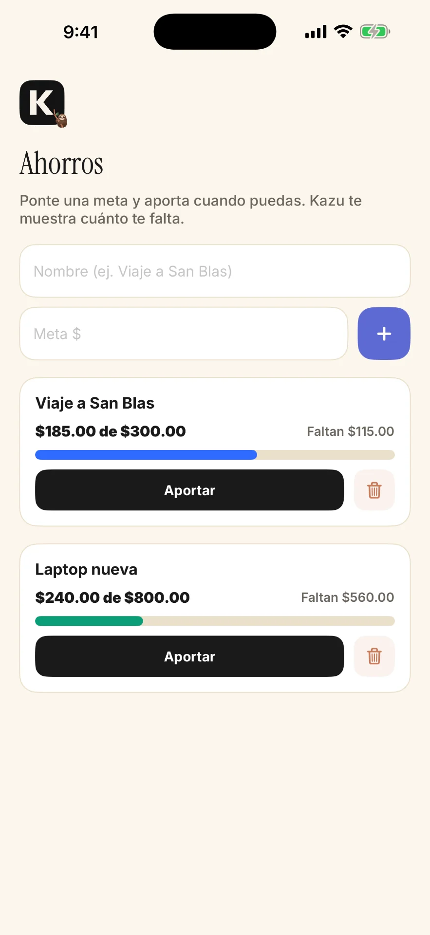 Pantalla de metas de ahorro de Kazu